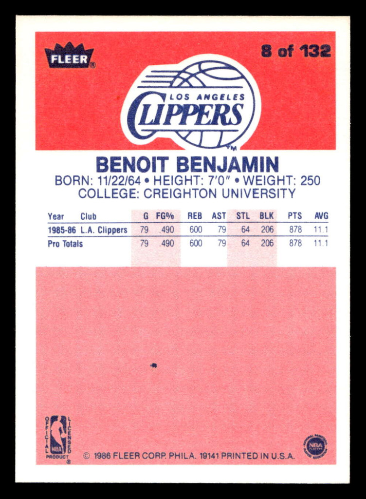 1986-87 Fleer #8 Benoit Benjamin Excellent+ RC Rookie Basketball  ID: 508493
