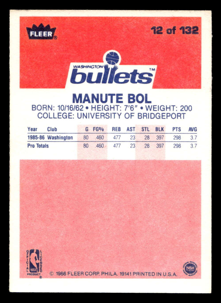 1986-87 Fleer #12 Manute Bol Excellent+ RC Rookie Basketball  ID: 508507