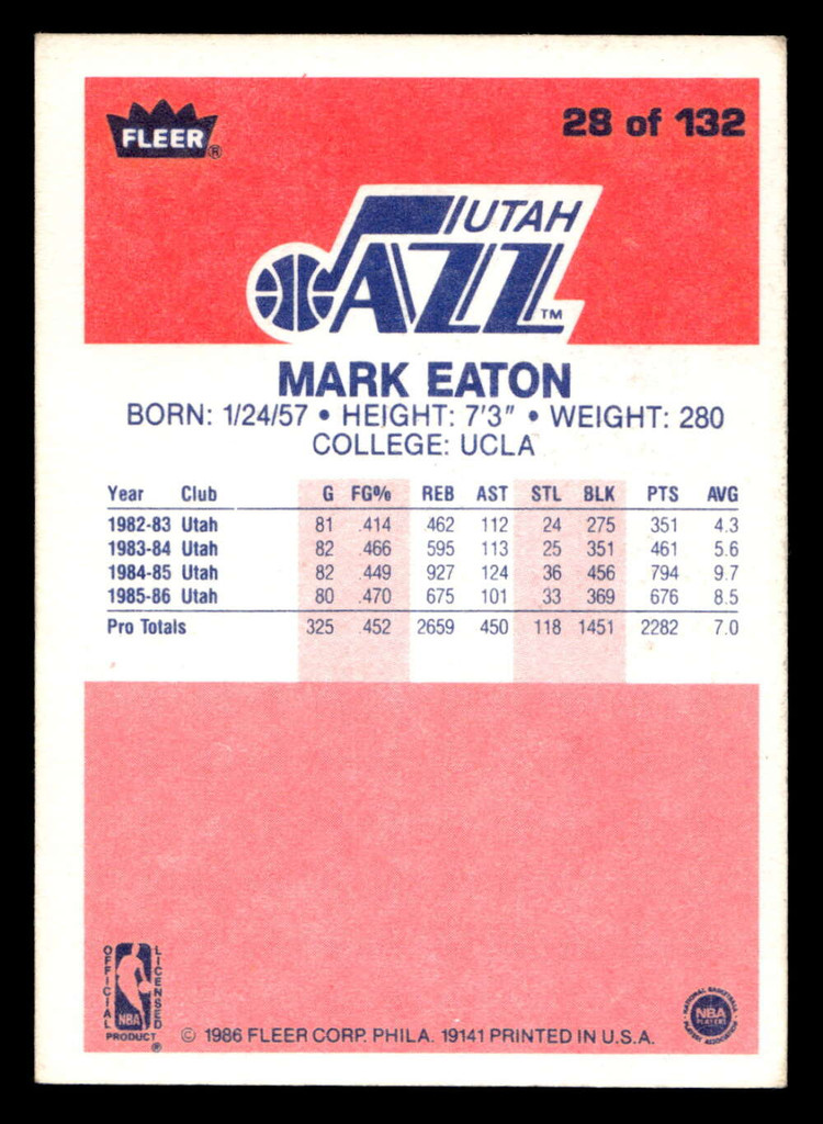 1986-87 Fleer #28 Mark Eaton Excellent+ RC Rookie Basketball 