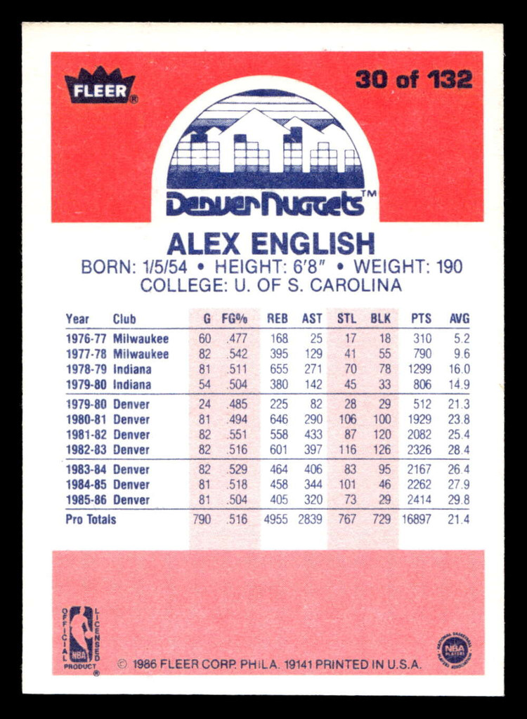 1986-87 Fleer #30 Alex English NM-Mint Basketball  ID: 508589