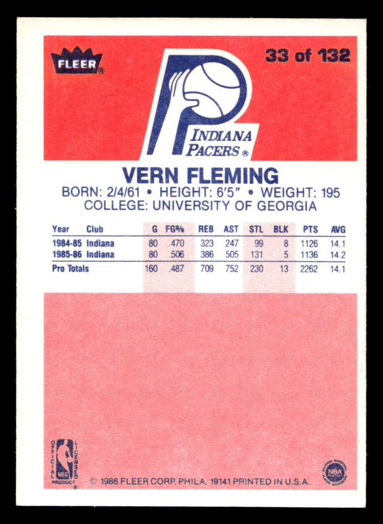 1986-87 Fleer #33 Vern Fleming Ex-Mint RC Rookie Basketball  ID: 508596