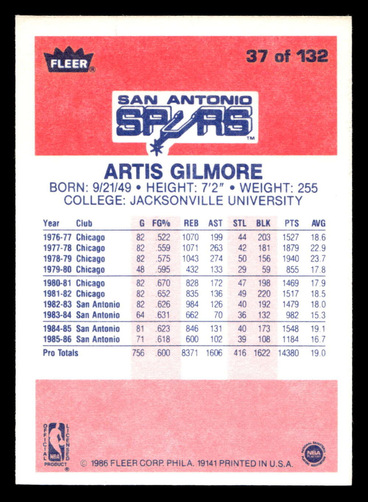 1986-87 Fleer #37 Artis Gilmore Near Mint Basketball  ID: 508635