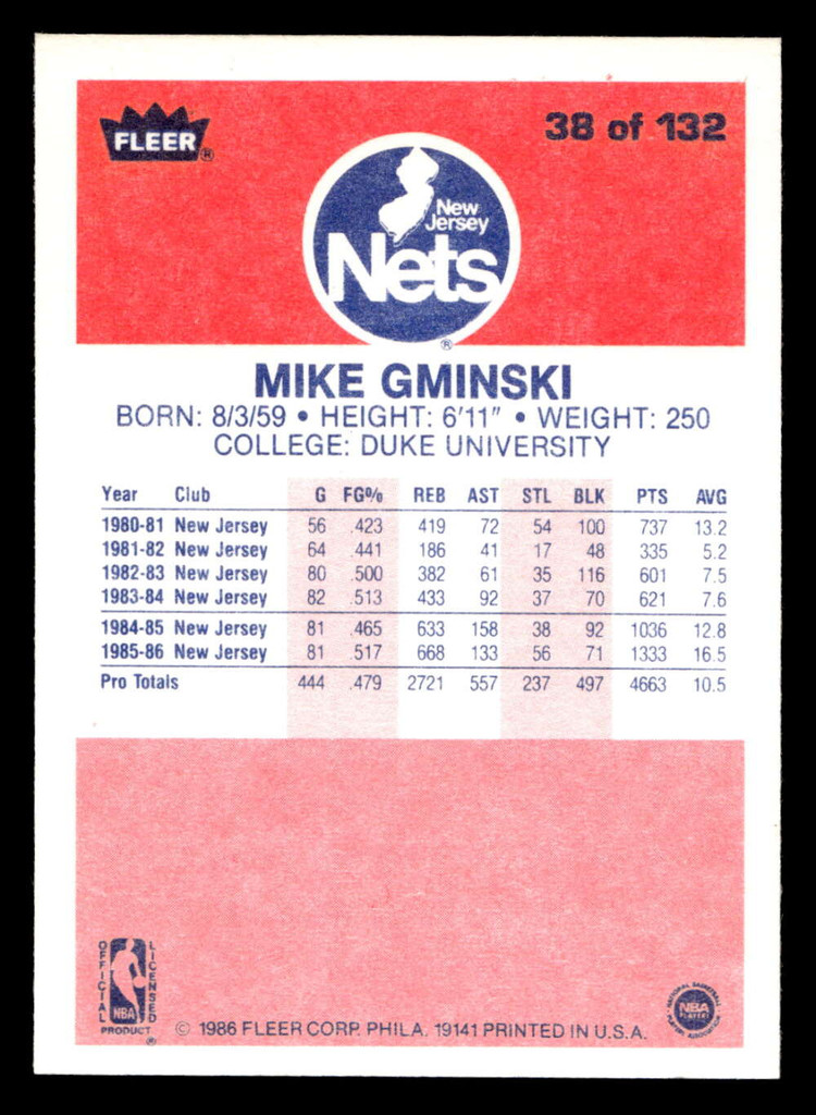 1986-87 Fleer #38 Mike Gminski NM-Mint Basketball  ID: 508641