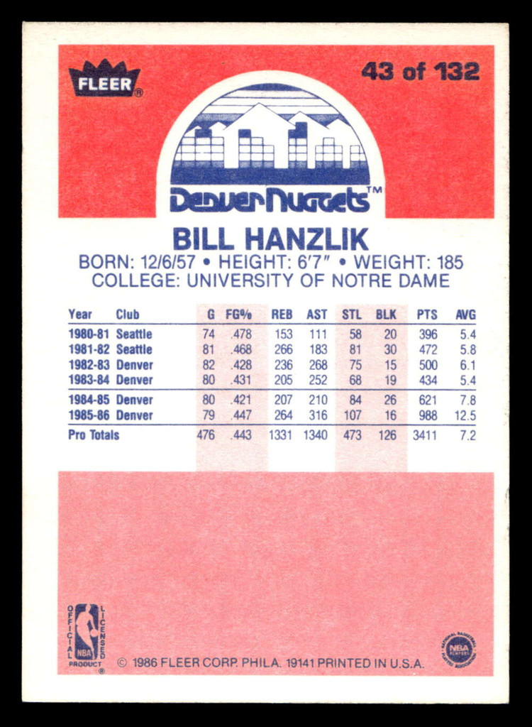 1986-87 Fleer #43 Bill Hanzlik Ex-Mint Basketball  ID: 508669
