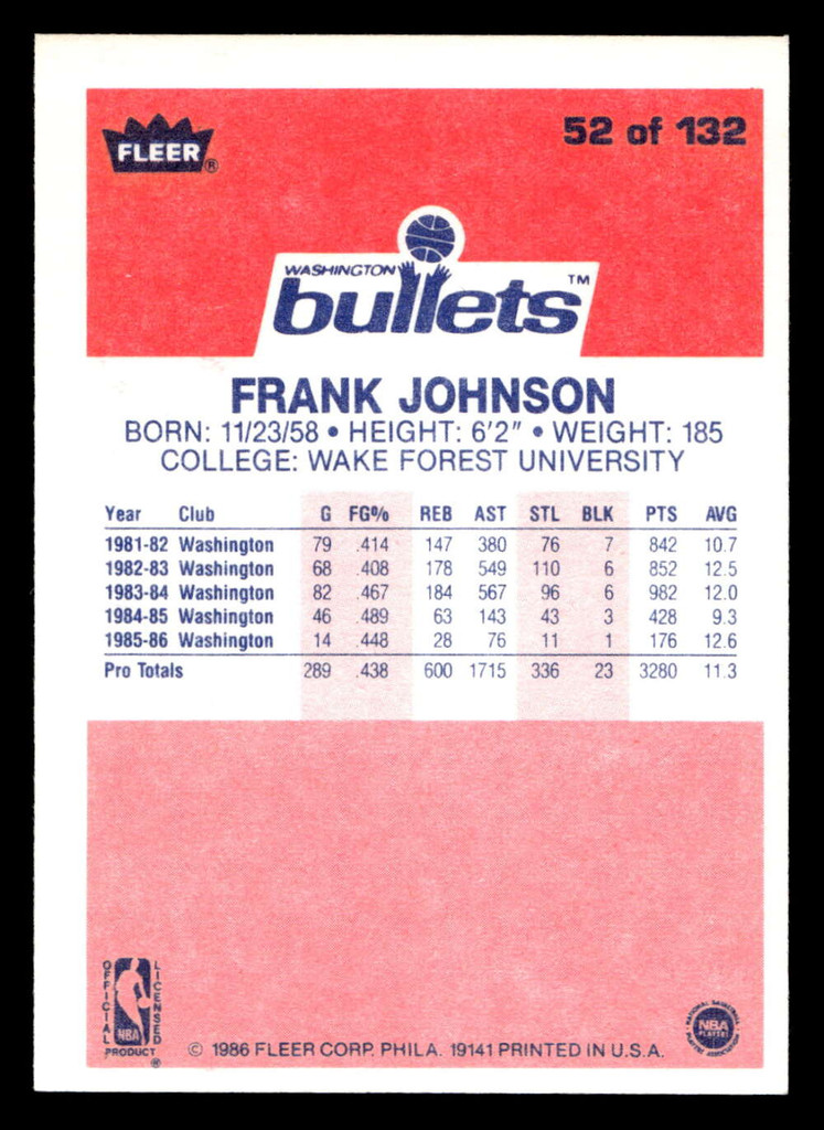 1986-87 Fleer #52 Frank Johnson Near Mint+ RC Rookie Basketball  ID: 508757