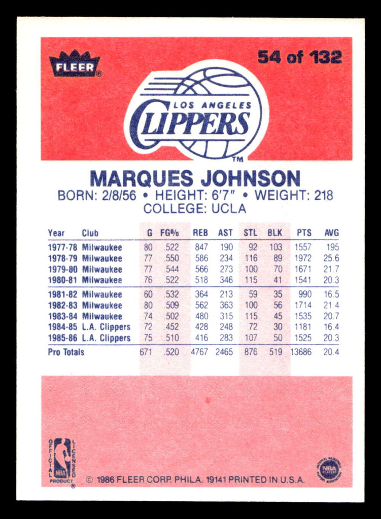 1986-87 Fleer #54 Marques Johnson Ex-Mint Basketball  ID: 508765