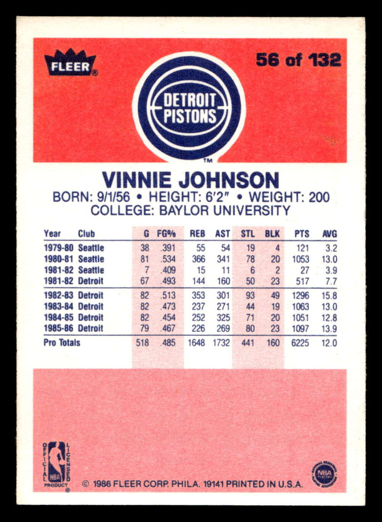 1986-87 Fleer #56 Vinnie Johnson Excellent+ Basketball 