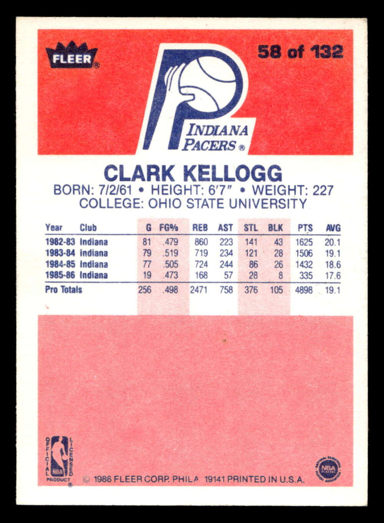 1986-87 Fleer #58 Clark Kellogg Ex-Mint RC Rookie Basketball  ID: 508781