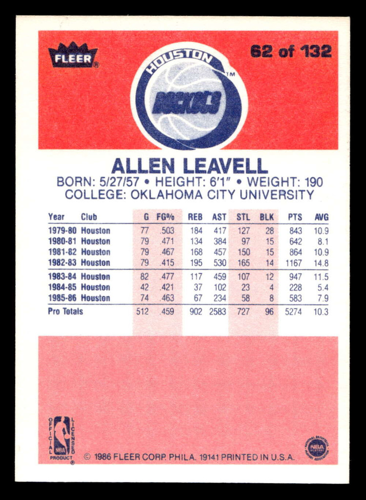 1986-87 Fleer #62 Allen Leavell Near Mint+ Basketball  ID: 508799