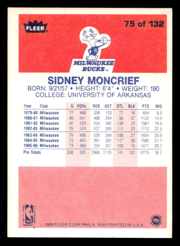 1986-87 Fleer #75 Sidney Moncrief Excellent+ Basketball  ID: 508845