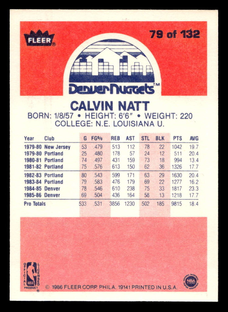 1986-87 Fleer #79 Calvin Natt Near Mint+ Basketball  ID: 508860