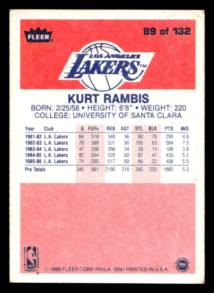 1986-87 Fleer #89 Kurt Rambis VG-EX RC Rookie Basketball 