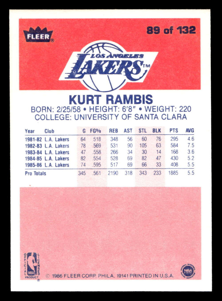 1986-87 Fleer #89 Kurt Rambis Near Mint+ RC Rookie Basketball 