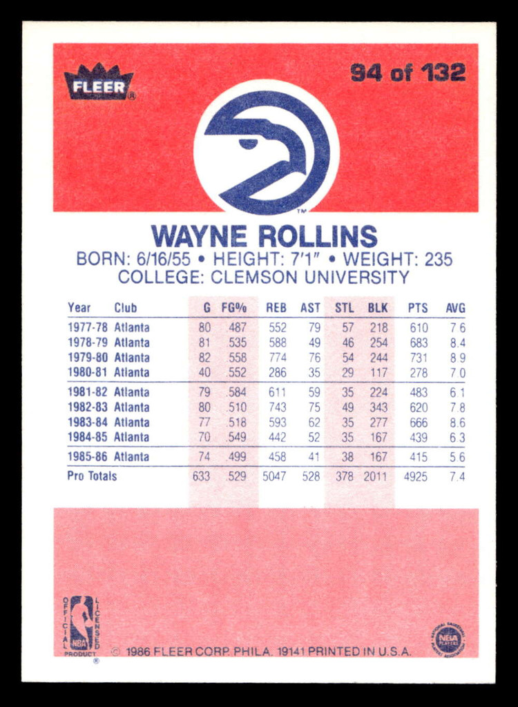 1986-87 Fleer #94 Tree Rollins Near Mint+ Basketball  ID: 508939