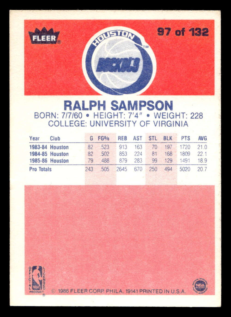 1986-87 Fleer #97 Ralph Sampson Excellent+ RC Rookie Basketball 