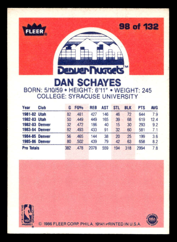 1986-87 Fleer #98 Danny Schayes Ex-Mint RC Rookie Basketball  ID: 508954