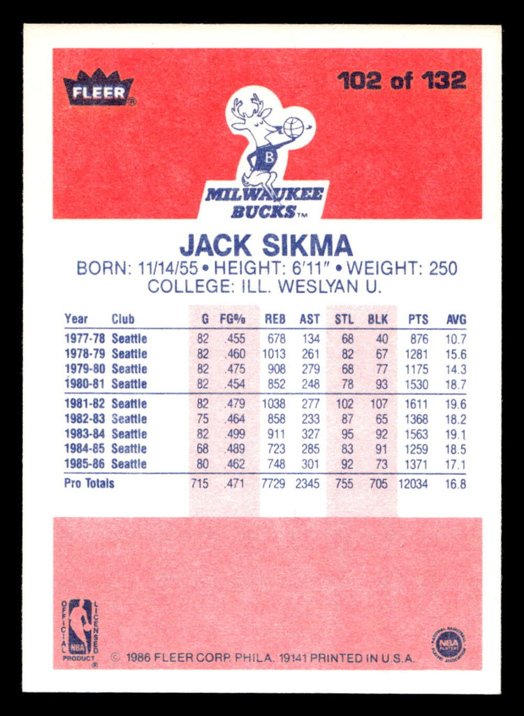 1986-87 Fleer #102 Jack Sikma Near Mint Basketball  ID: 508980