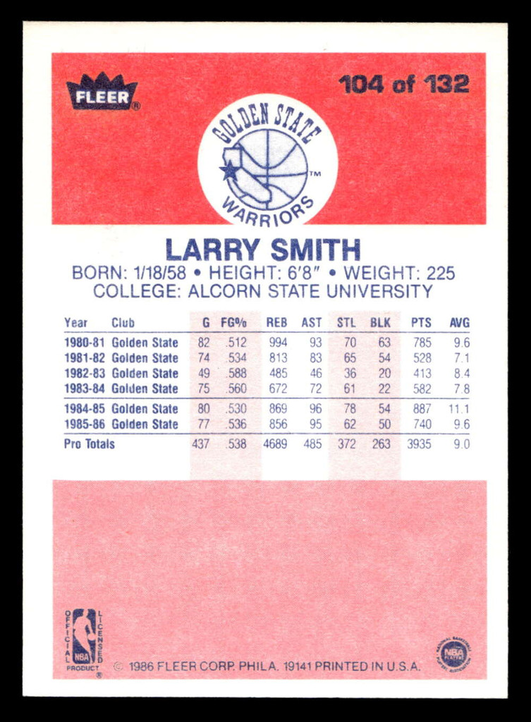 1986-87 Fleer #104 Larry Smith Near Mint+ Basketball  ID: 509001