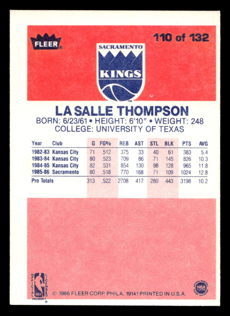 1986-87 Fleer #110 LaSalle Thompson Near Mint RC Rookie Basketball  ID: 509034