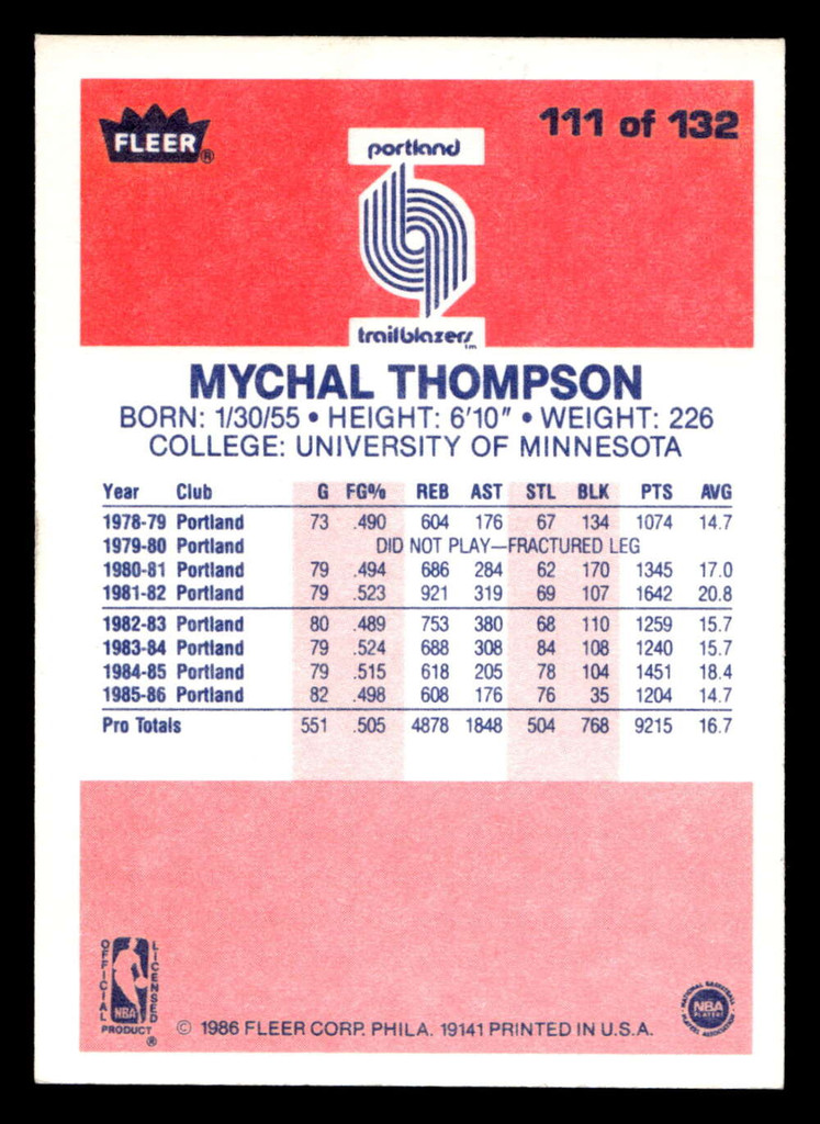 1986-87 Fleer #111 Mychal Thompson Ex-Mint Basketball  ID: 509037