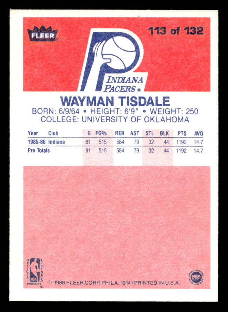 1986-87 Fleer #113 Wayman Tisdale Ex-Mint RC Rookie Basketball  ID: 509049