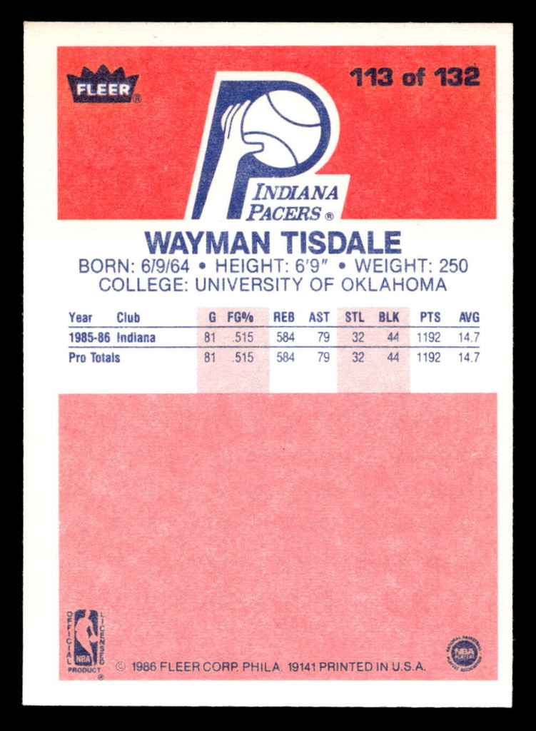 1986-87 Fleer #113 Wayman Tisdale Near Mint+ RC Rookie Basketball  ID: 509052