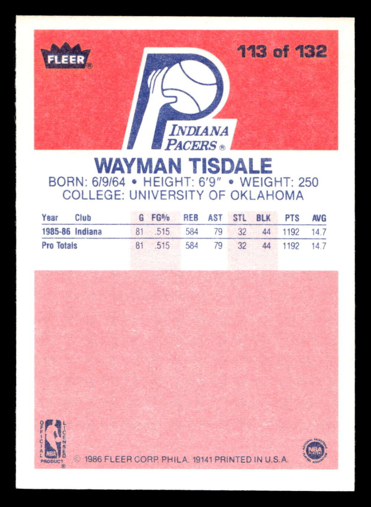 1986-87 Fleer #113 Wayman Tisdale Near Mint+ RC Rookie Basketball  ID: 509054