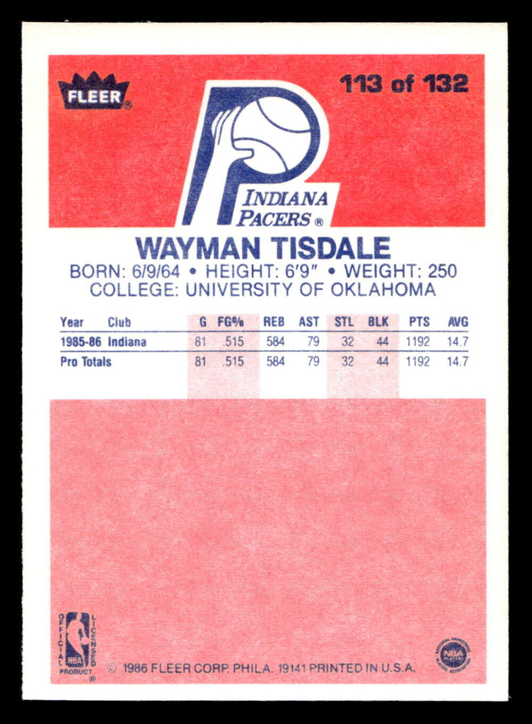 1986-87 Fleer #113 Wayman Tisdale NM-Mint RC Rookie Basketball 