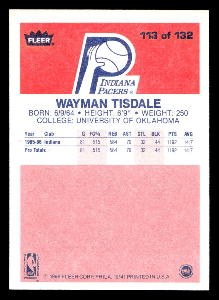1986-87 Fleer #113 Wayman Tisdale Near Mint+ RC Rookie Basketball  ID: 509056