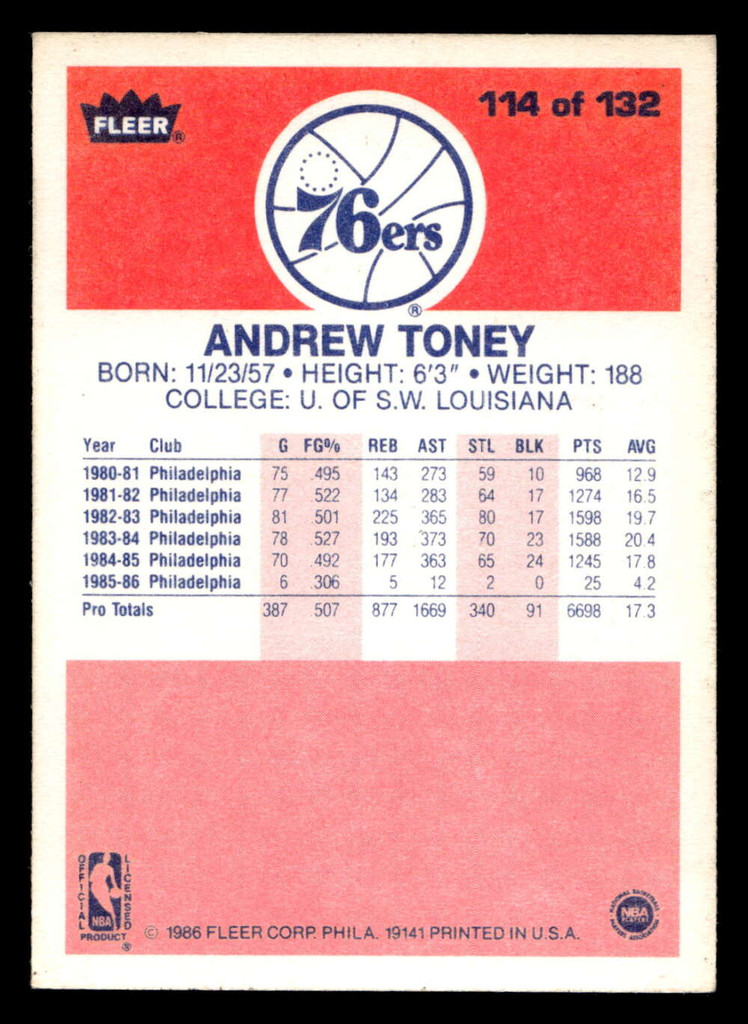 1986-87 Fleer #114 Andrew Toney Ex-Mint Basketball  ID: 509059