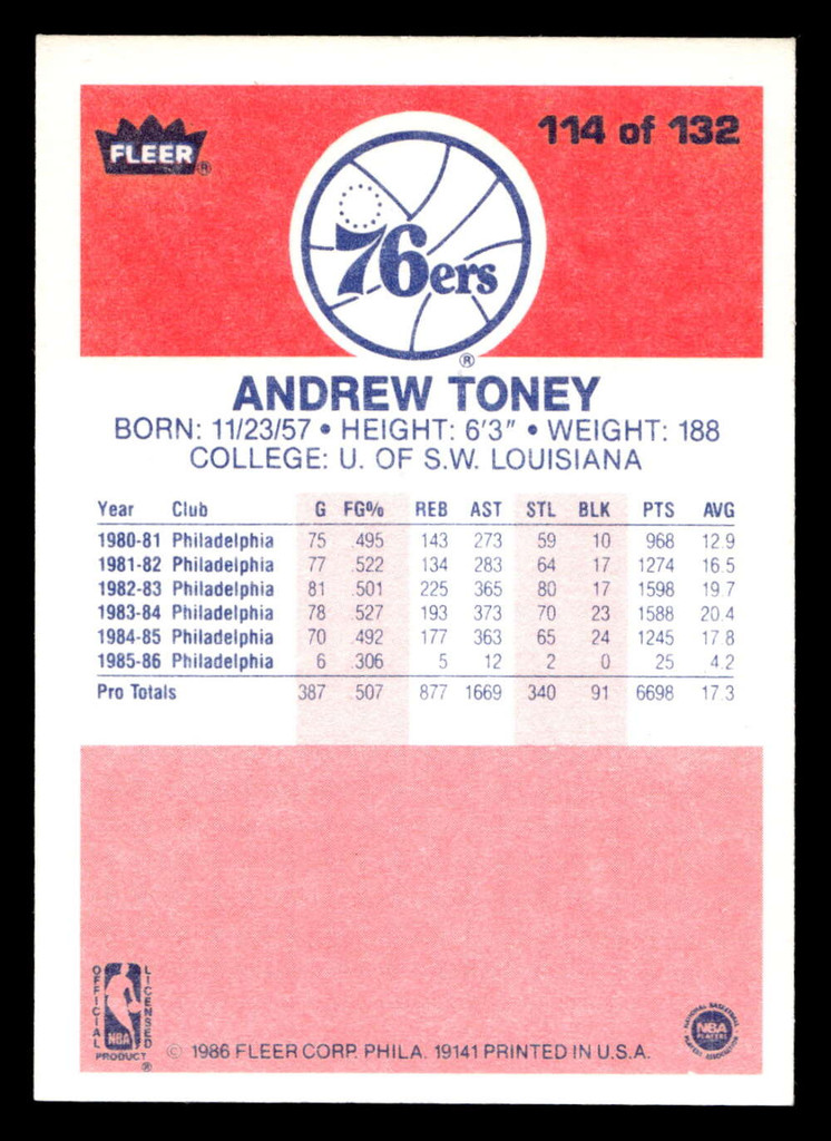 1986-87 Fleer #114 Andrew Toney Excellent+ Basketball  ID: 509061