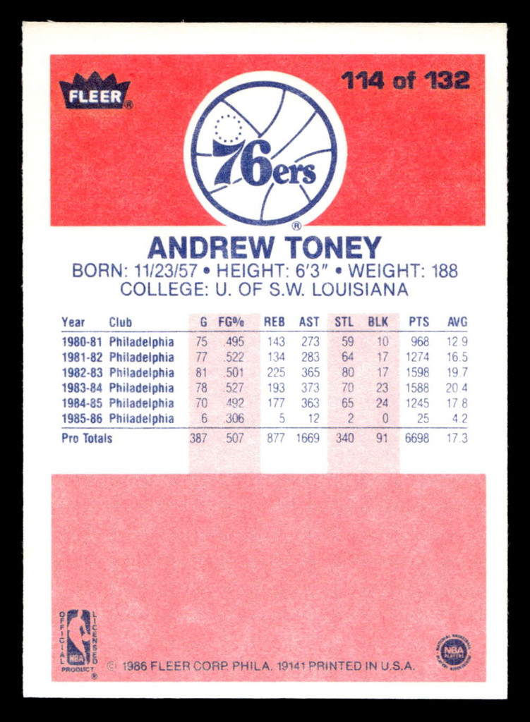 1986-87 Fleer #114 Andrew Toney Near Mint Basketball  ID: 509062