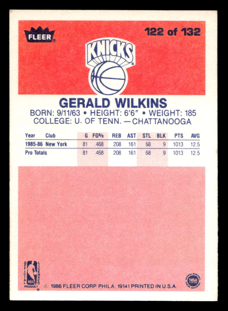 1986-87 Fleer #122 Gerald Wilkins Excellent+ RC Rookie Basketball 
