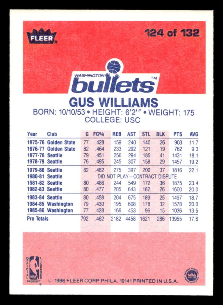 1986-87 Fleer #124 Gus Williams Near Mint+ Basketball 