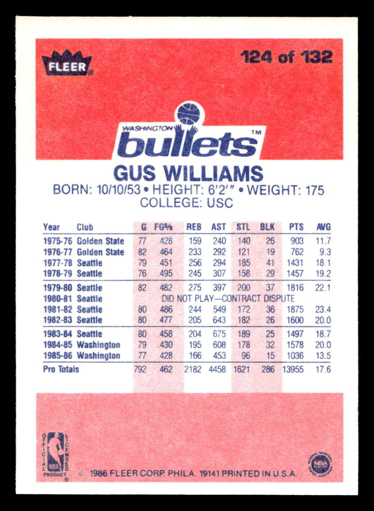 1986-87 Fleer #124 Gus Williams Near Mint Basketball  ID: 509129