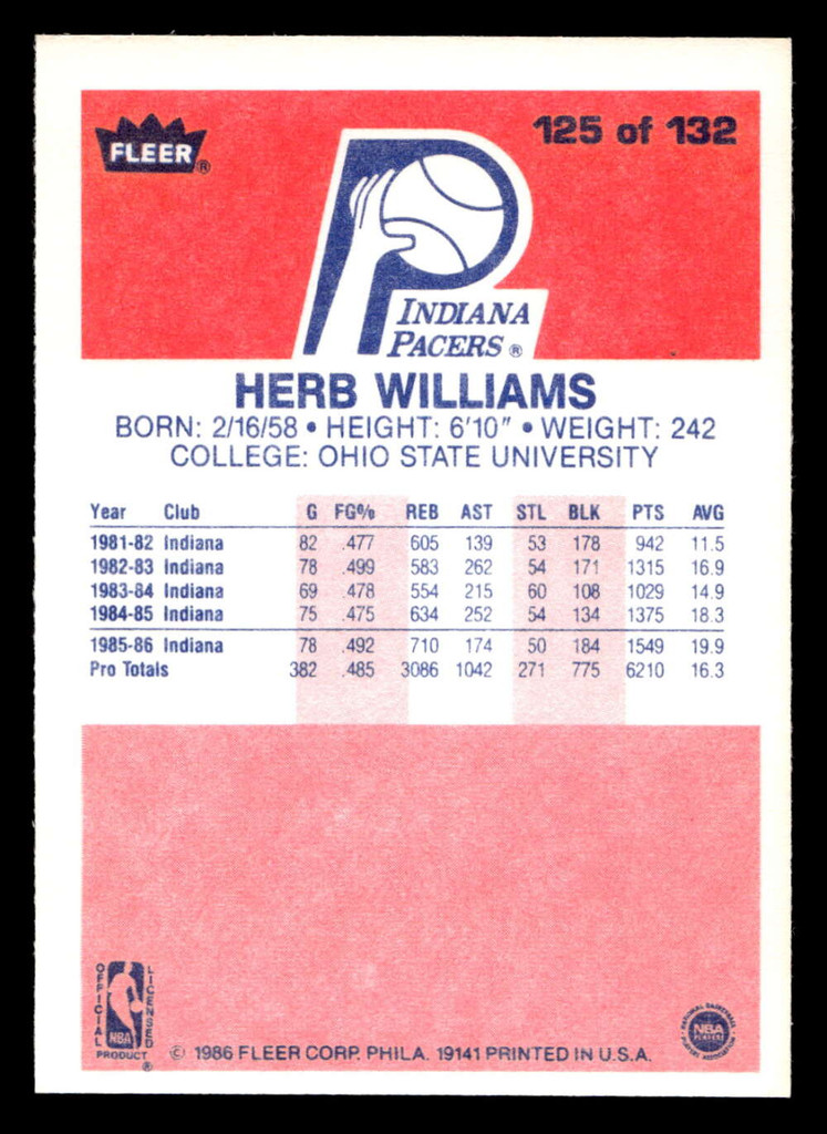1986-87 Fleer #125 Herb Williams Near Mint RC Rookie Basketball  ID: 509134