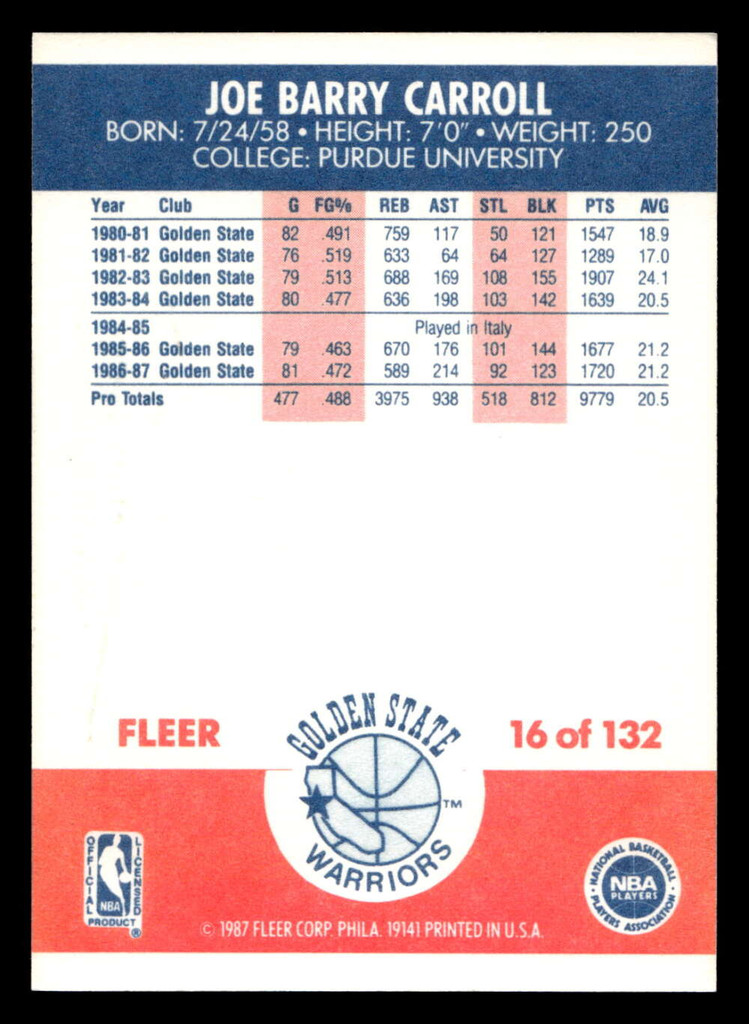 1987-88 Fleer #16 Joe Barry Carroll Near Mint+ Basketball  ID: 509223