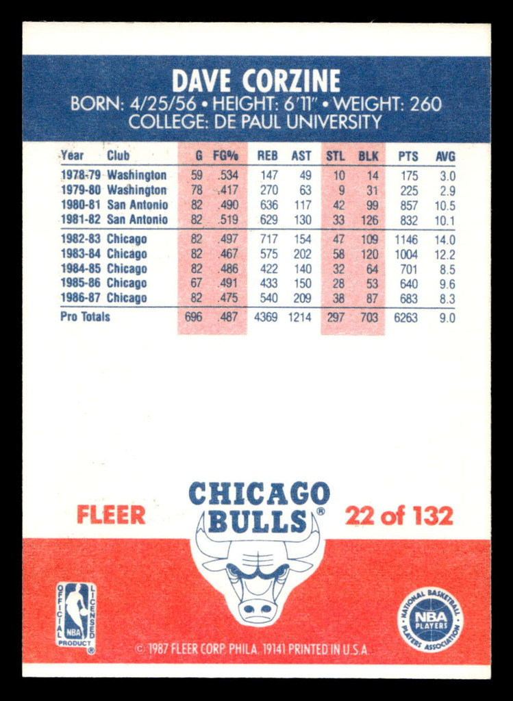 1987-88 Fleer #22 Dave Corzine Near Mint+ Basketball  ID: 509251