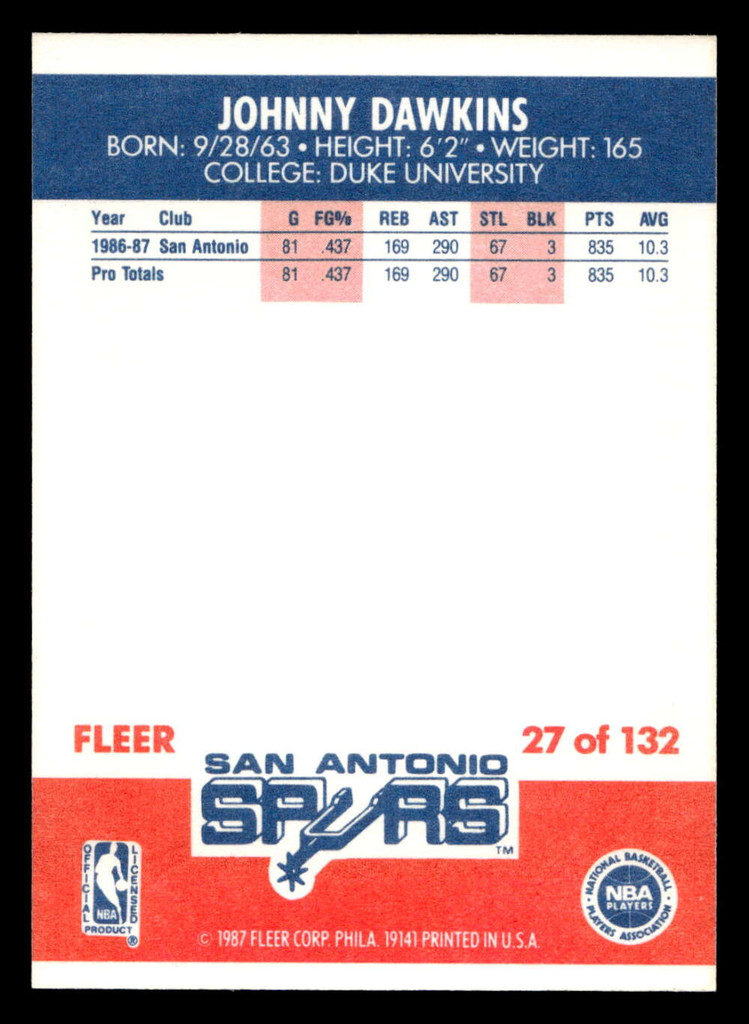 1987-88 Fleer #27 Johnny Dawkins Near Mint+ RC Rookie Basketball  ID: 509274