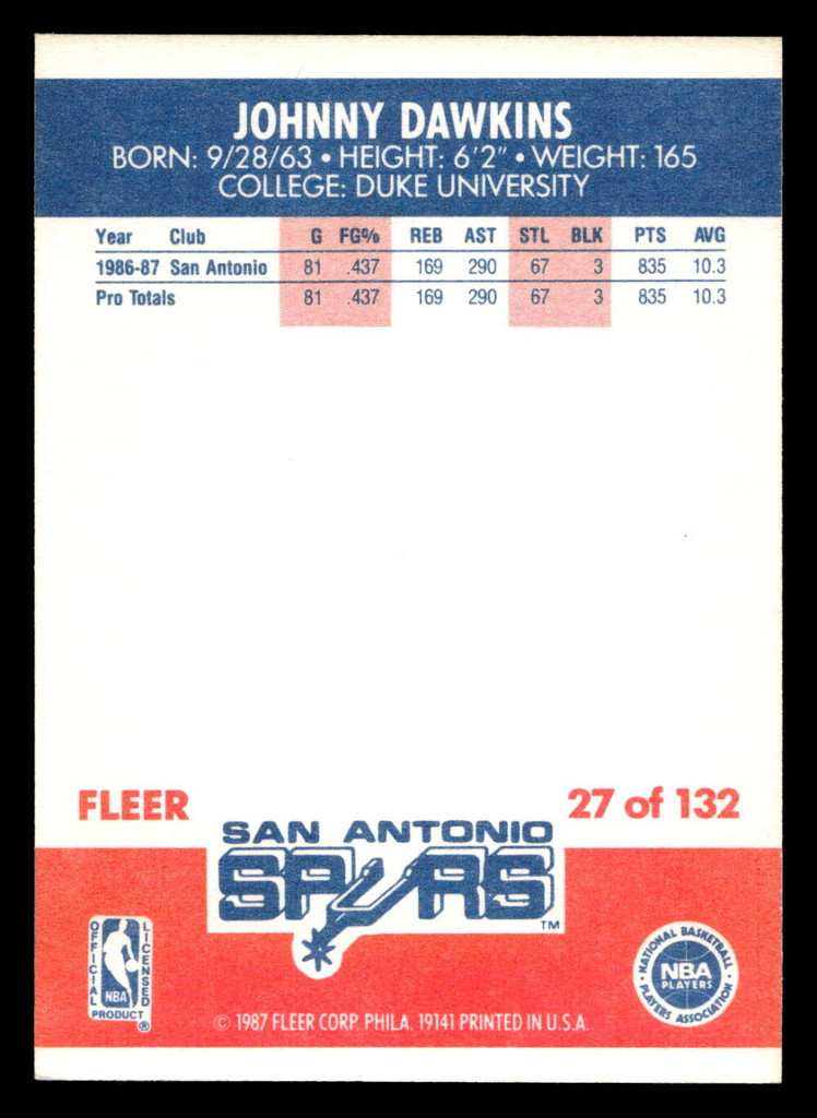 1987-88 Fleer #27 Johnny Dawkins Near Mint RC Rookie Basketball  ID: 509275