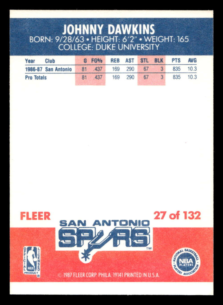 1987-88 Fleer #27 Johnny Dawkins NM-Mint RC Rookie Basketball  ID: 509277