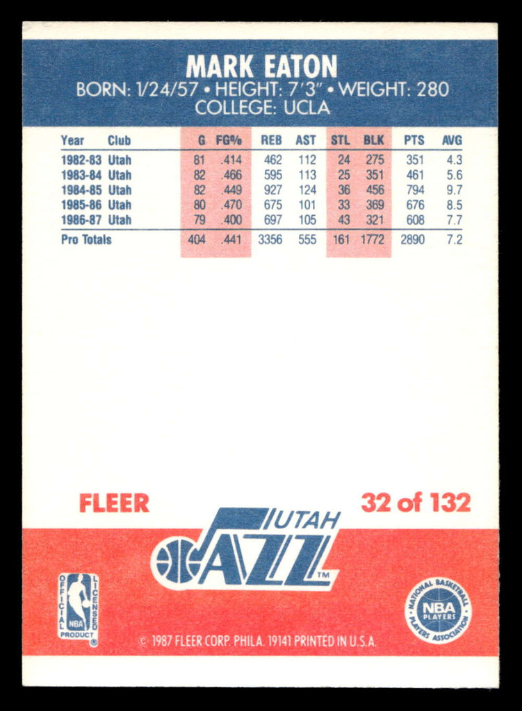 1987-88 Fleer #32 Mark Eaton Near Mint+ Basketball 
