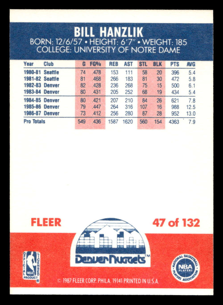 1987-88 Fleer #47 Bill Hanzlik NM-Mint Basketball  ID: 509361