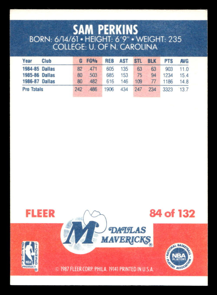 1987-88 Fleer #84 Sam Perkins Near Mint+ Basketball  ID: 509521