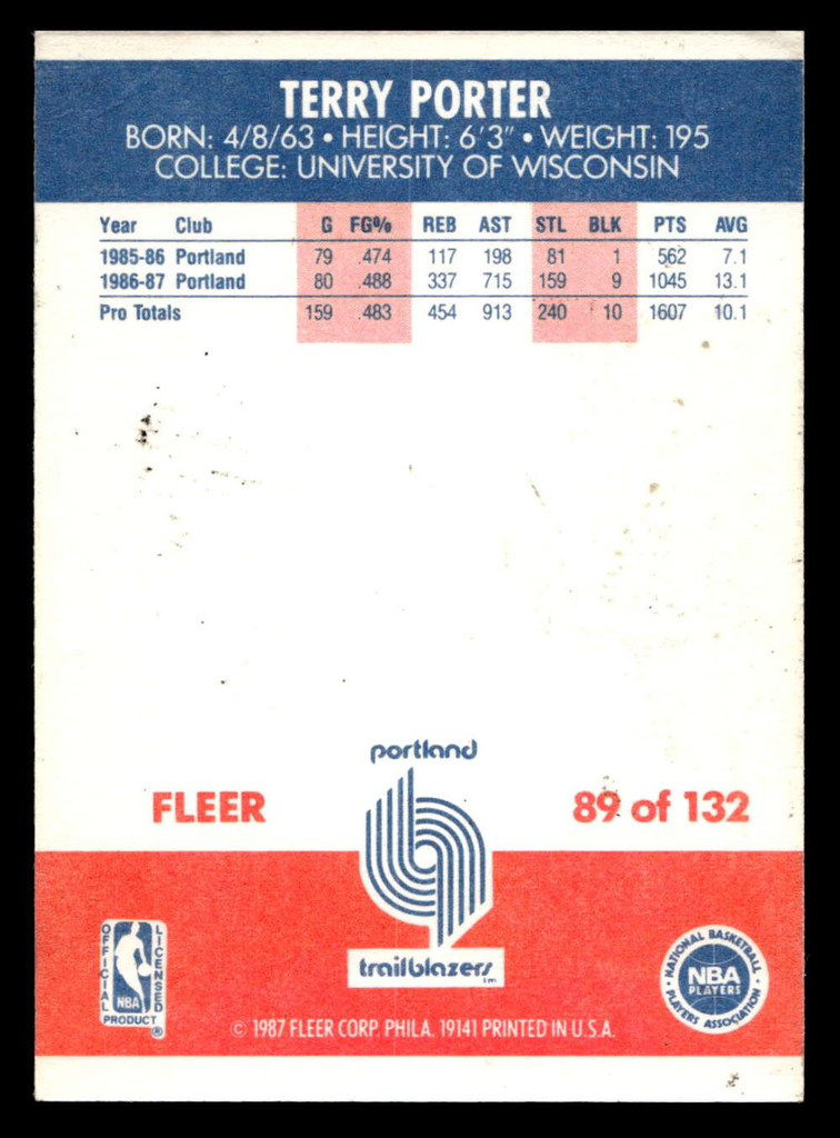 1987-88 Fleer #89 Terry Porter Very Good RC Rookie Crease 