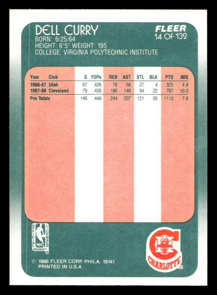 1988-89 Fleer #14 Dell Curry Near Mint+ RC Rookie Basketball  ID: 509800