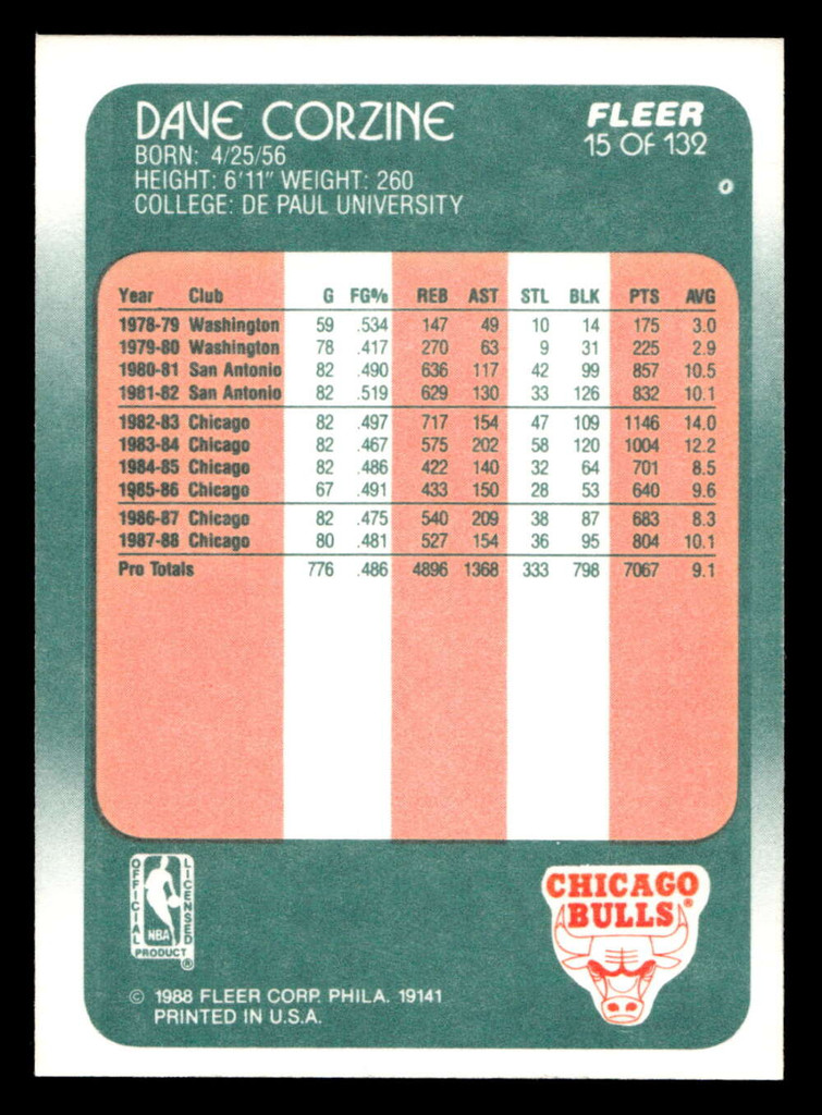 1988-89 Fleer #15 Dave Corzine Near Mint+ Basketball  ID: 509806