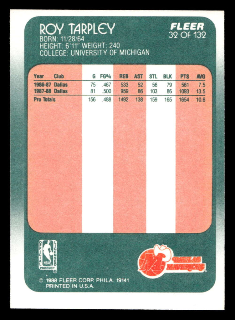 1988-89 Fleer #32 Roy Tarpley Near Mint+ RC Rookie Basketball  ID: 509870