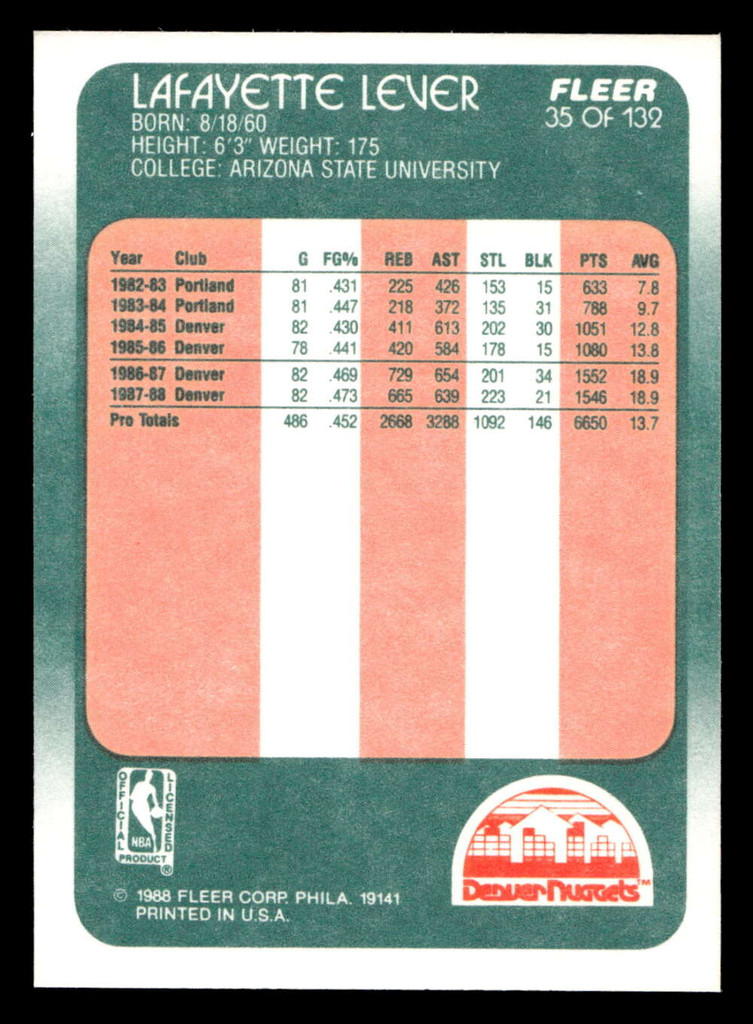 1988-89 Fleer #35 Lafayette Lever Near Mint+ Basketball  ID: 509884