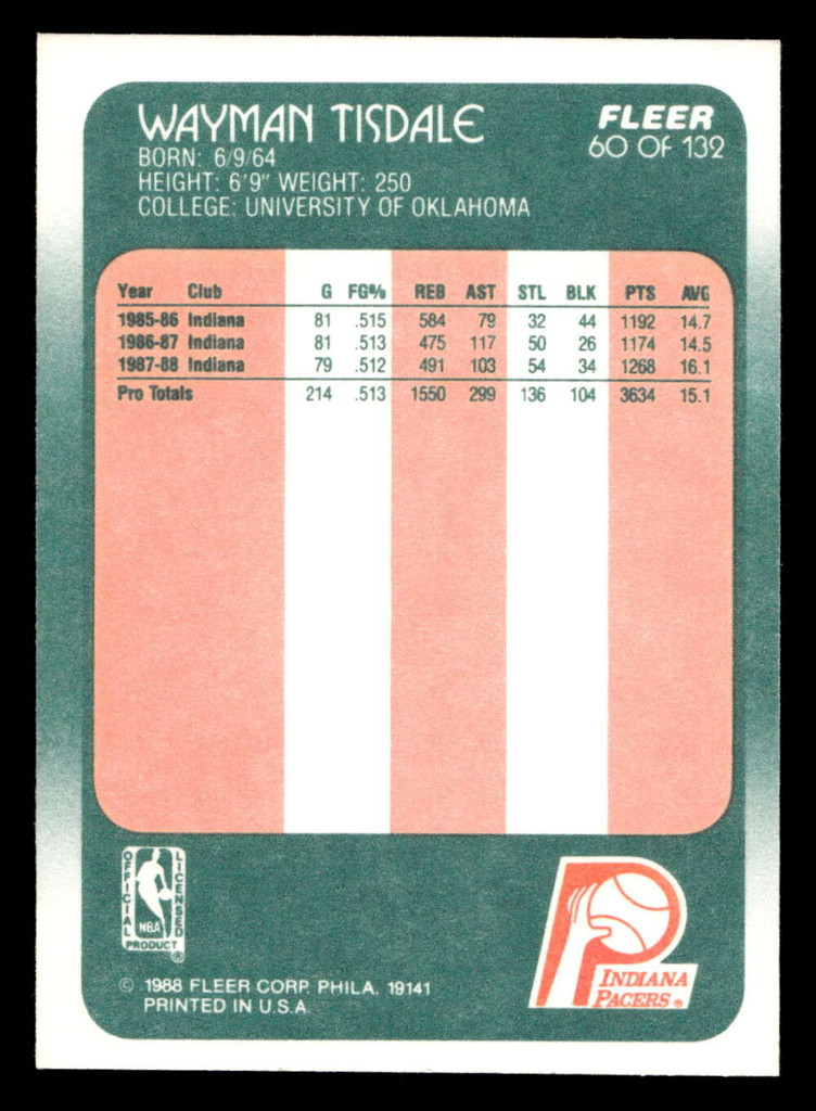 1988-89 Fleer #60 Wayman Tisdale Near Mint+ Basketball  ID: 510003